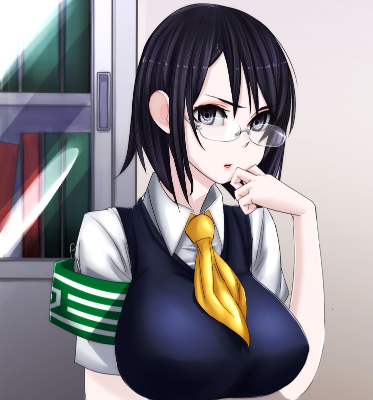 1girl, ascot, black_eyes, black_hair, breasts, gamma_ray_burst, glasses, konori_mii