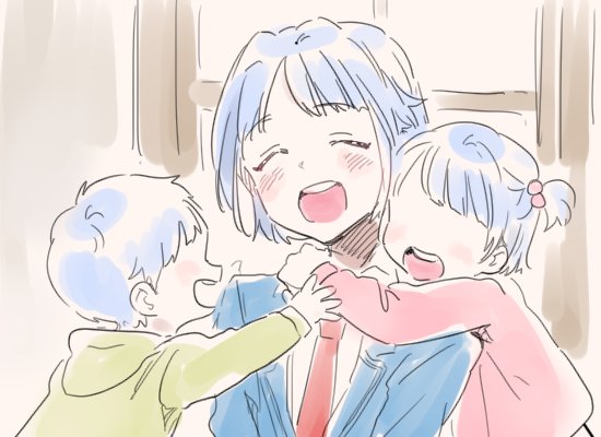 1girl, 2boys, blazer, blue_hair, ensemble_stars!, faceless, faceless_female, faceless_male, hug, jacket, jolaeng-i, multiple_boys, necktie, open_mouth, school_uniform, shino_hajime, shino_hajime's_brother, shino_hajime's_sister, short_hair, shorts, siblings, smile, violet_eyes