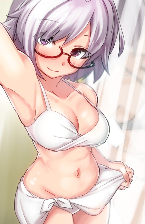 1girl, apple_(artist), arm_up, armpits, bikini, bikini_skirt, black-framed_eyewear, breasts