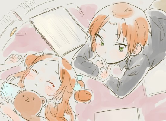 1boy, 1girl, brother_and_sister, child, closed_eyes, crayon, ensemble_girls!, ensemble_stars!