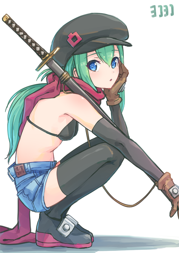 1girl, artist_request, bikini_top, black_bikini_top, black_gloves, black_legwear, blue_eyes, boots, borrowed_character, breasts, brown_gloves, cabbie_hat, chin_rest, elbow_gloves, from_side, gloves, green_hair, hat, katana, long_hair, looking_at_viewer, original, parted_lips, red_scarf, scarf, short_shorts, shorts, small_breasts, solo, squatting, sword, thigh-highs, weapon, yunomiya_agari