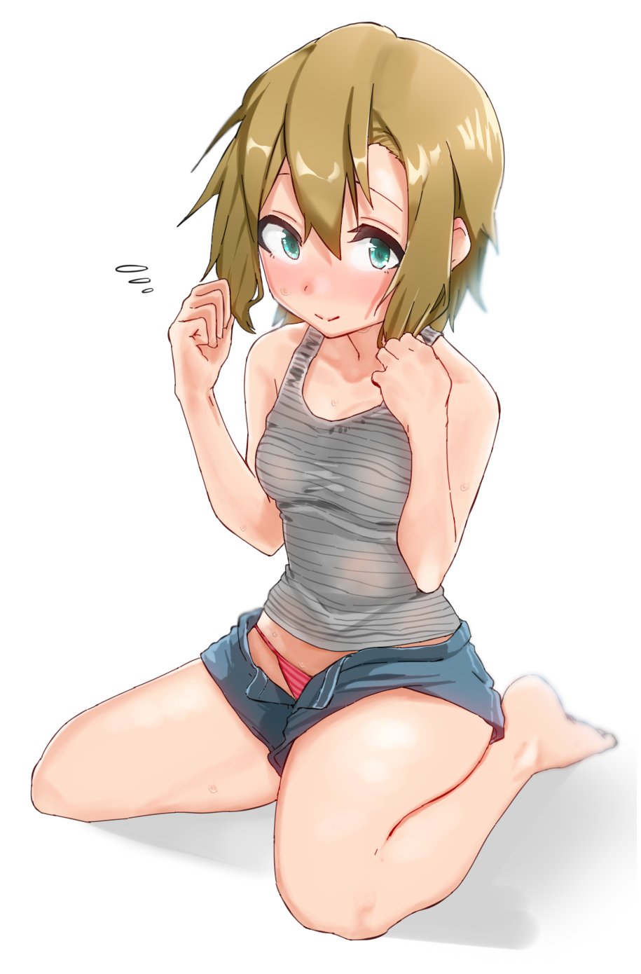 1girl, :>, apple_(artist), barefoot, blush, breasts, brown_hair, flying_sweatdrops
