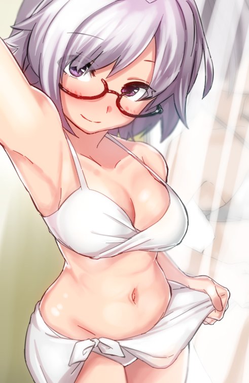 1girl, apple_(artist), arm_up, armpits, bikini, bikini_skirt, black-framed_eyewear, breasts, cleavage, cowboy_shot, fate/grand_order, fate_(series), foreshortening, from_above, glasses, large_breasts, lavender_hair, navel, reflection, self_shot, semi-rimless_glasses, shielder_(fate/grand_order), short_hair, smile, solo, swimsuit, under-rim_glasses, violet_eyes, white_bikini