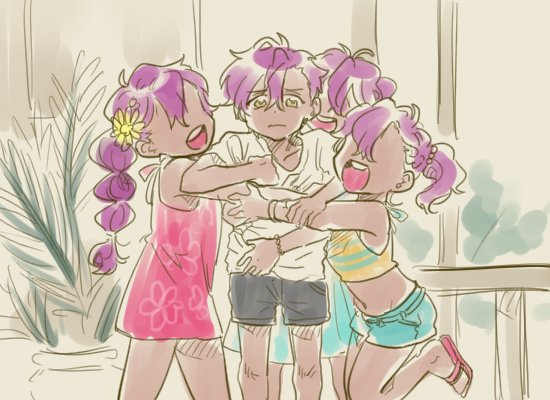 1boy, 3girls, braid, brother_and_sister, child, dark_skin, dress, ensemble_stars!