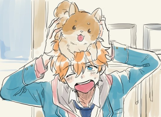 1boy, akehoshi_subaru, blazer, blue_eyes, daikichi_(ensemble_stars!), dog, ensemble_stars!, hood