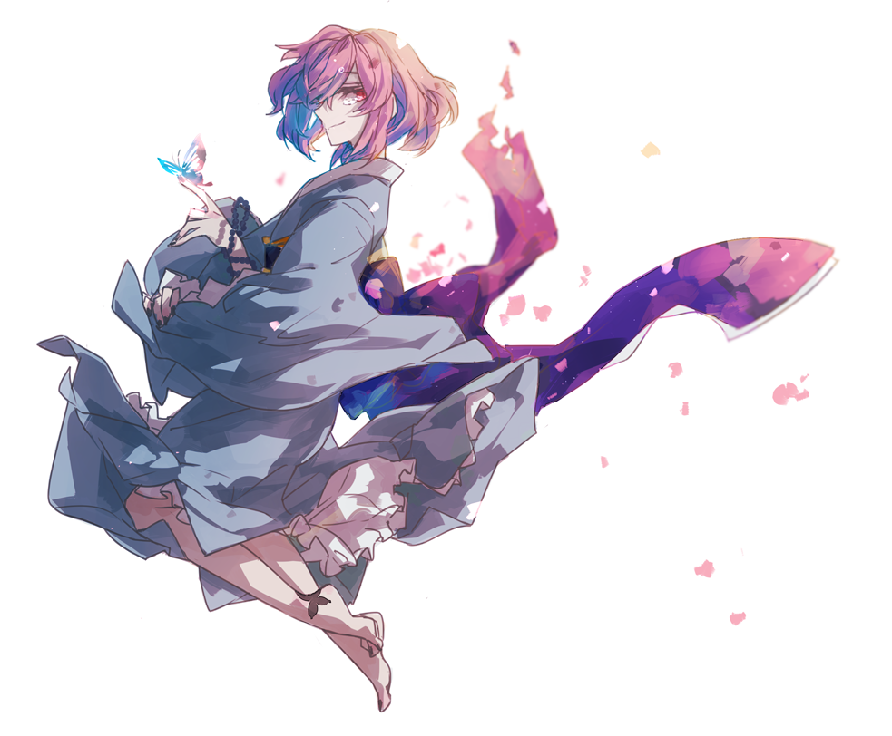 1girl, barefoot, beads, black_nails, blue_kimono, butterfly, butterfly_on_foot, butterfly_on_hand