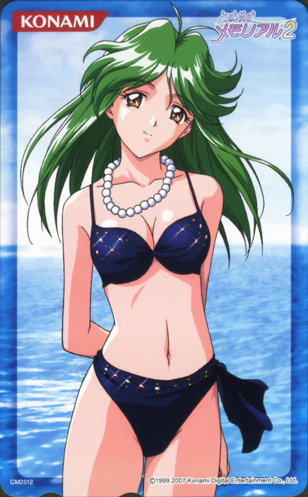 1999, 90s, arms_behind_back, asou_kasumi, bead_necklace, beads, bikini, blue_bikini, brown_eyes, cowboy_shot, dated, green_hair, jewelry, kokura_masashi, konami, logo, long_hair, looking_at_viewer, navel, necklace, official_art, phonecard, smile, swimsuit, tokimeki_memorial, tokimeki_memorial_2