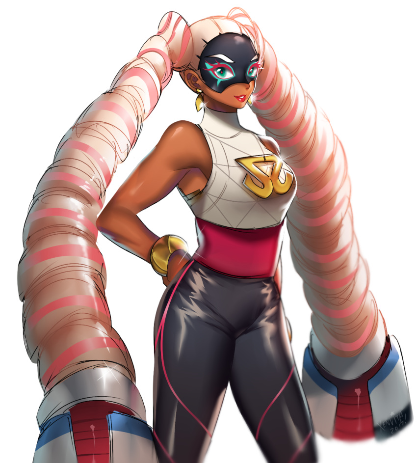 1girl, arms_(game), bracelet, breasts, dark_skin, domino_mask, drill_hair, earrings, eyebrows, green_eyes, hand_on_hip, highres, jewelry, lipstick, makeup, mask, medium_breasts, pants, pendant, sash, sleeveless, sleeveless_turtleneck, solo, turtleneck, twin_drills, twintelle_(arms), xenvita