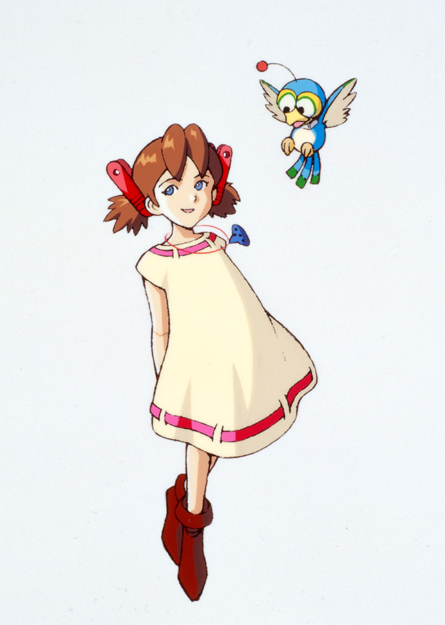 1girl, 90s, arms_behind_back, bird, bird_(wonder_project), blue_eyes, brown_hair, dress