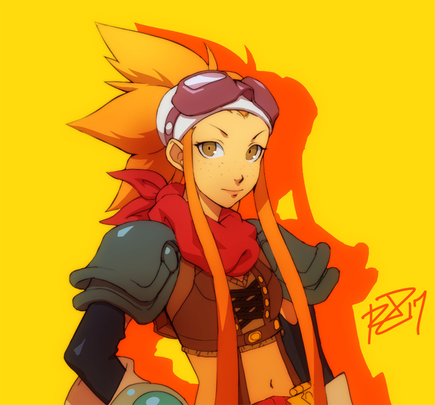 1girl, breasts, brown_eyes, cryamore, cryamore_condenser, esmyrelda_maximus, freckles, goggles