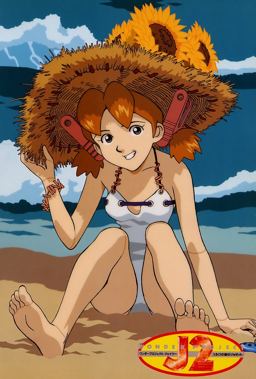 1girl, barefoot, beach, blue_eyes, bracelet, brown_hair, feet, flower