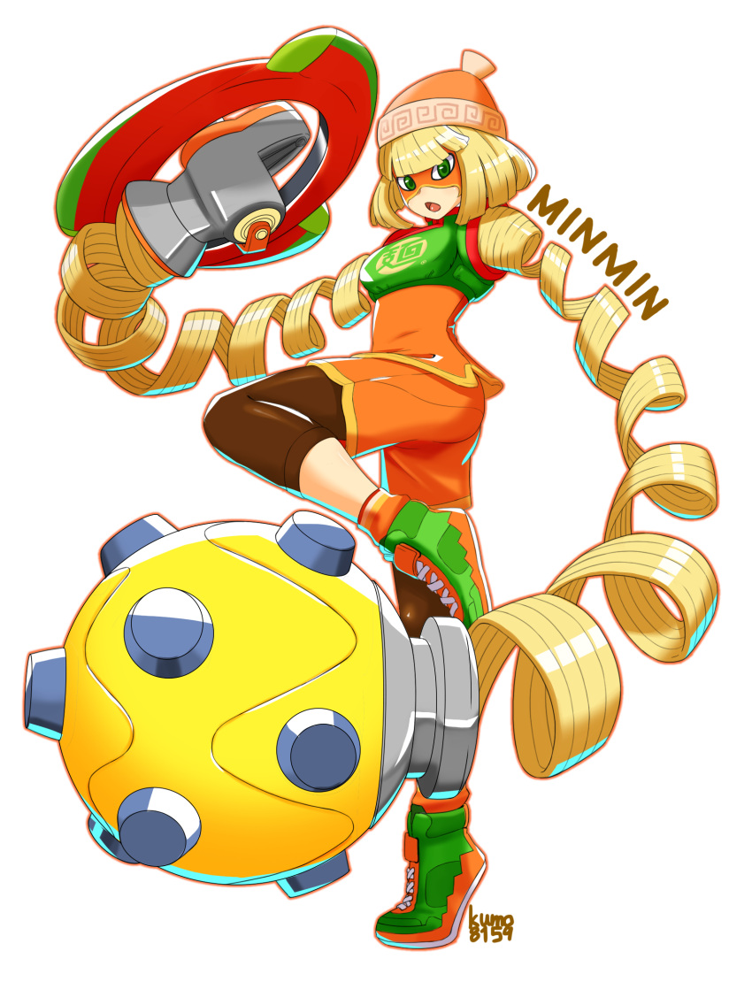 1girl, arms_(game), artist_name, bangs, beanie, bike_shorts, blonde_hair, chinese_clothes