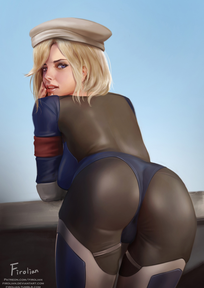 1girl, alternate_costume, alternate_hairstyle, armband, artist_name, ass, bangs, bent_over