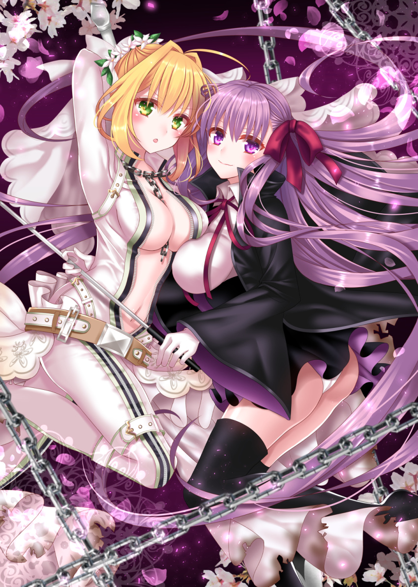 >:), >:o, 2girls, :o, ahoge, arms_behind_head, arms_up, ass, bangs, bb_(fate/extra_ccc), beltskirt, between_breasts, black_legwear, blonde_hair, blush, bodysuit, breasts, bridal_veil, catsuit, center_opening, chains, closed_mouth, fate/extra, fate/extra_ccc, fate_(series), floating_hair, flower, full-length_zipper, gloves, green_eyes, hair_flower, hair_intakes, hair_ornament, hair_ribbon, highres, large_breasts, long_hair, long_sleeves, looking_at_viewer, multiple_girls, navel, neck_ribbon, panties, pantyshot, purple_hair, purple_ribbon, ribbon, saber_bride, saber_extra, stomach, thigh-highs, underwear, upskirt, veil, very_long_hair, violet_eyes, white_bodysuit, white_gloves, white_panties, wide_sleeves, yuzushiro_(sei), zipper