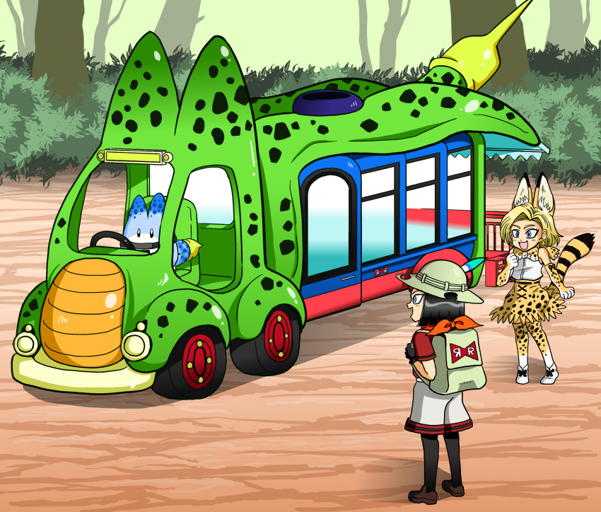 android_17, android_18, animal_ears, backpack, bag, bandanna, black_hair, blonde_hair