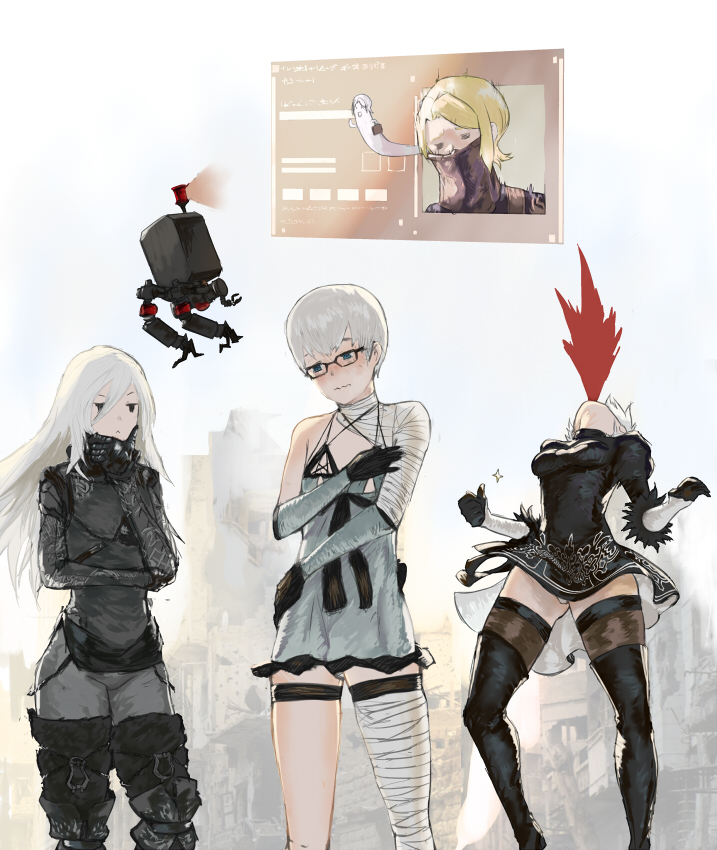 1boy, 3girls, android, bandage, bare_shoulders, blonde_hair, blood, blue_eyes
