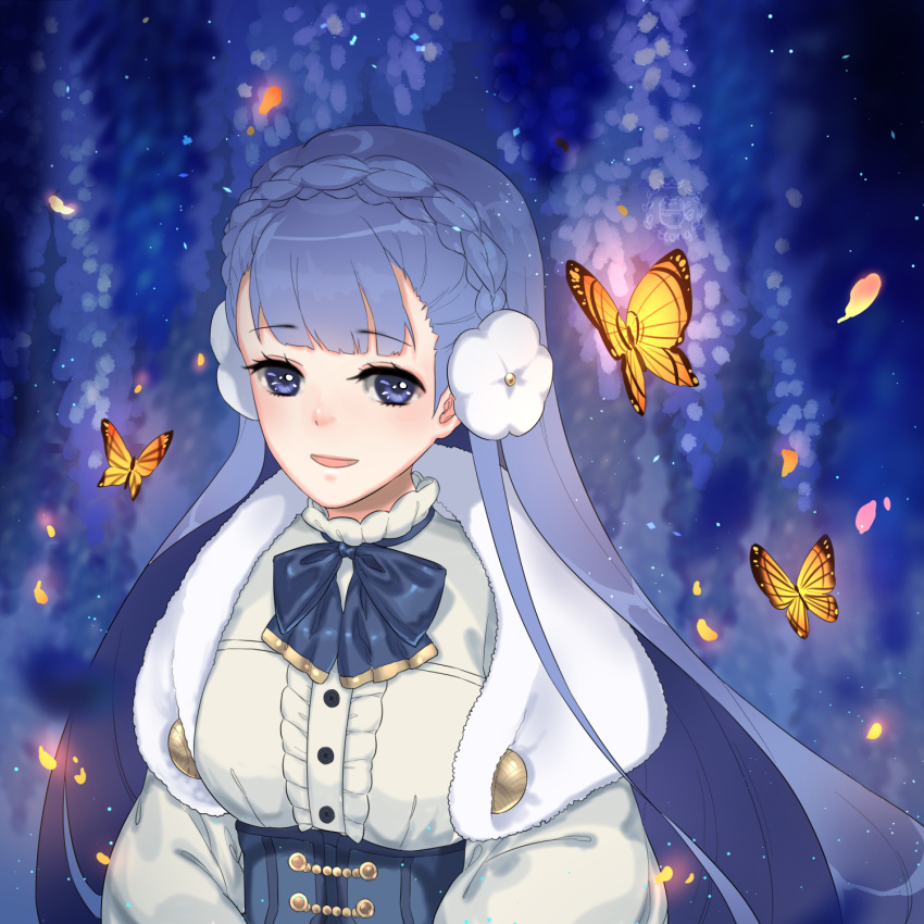 1girl, artist_name, blue_eyes, blue_hair, bow, bowtie, butterfly, fire_emblem