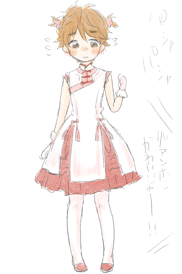 1boy, blush, brown_eyes, brown_hair, china_dress, chinese_clothes, crossdressinging, dress, freckles, gloves, ji_guang-hong, male_focus, oimo_mushi, pantyhose, translated, trap, twintails, white_gloves, white_legwear, yuri!!!_on_ice
