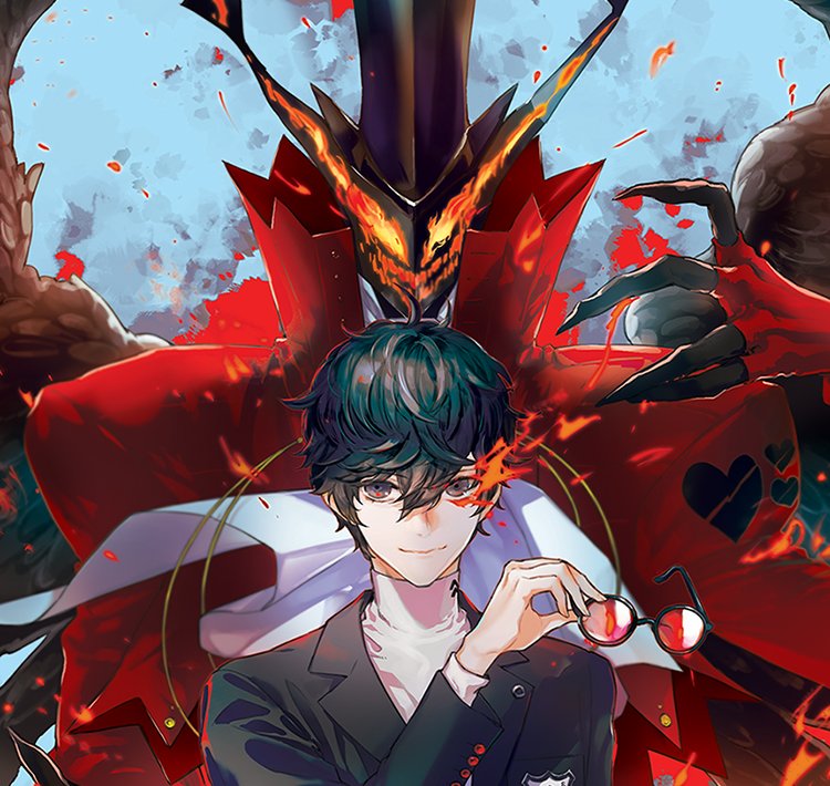 1boy, arsene_(persona_5), black_hair, chains, glasses, gloves, hat, kurusu_akira