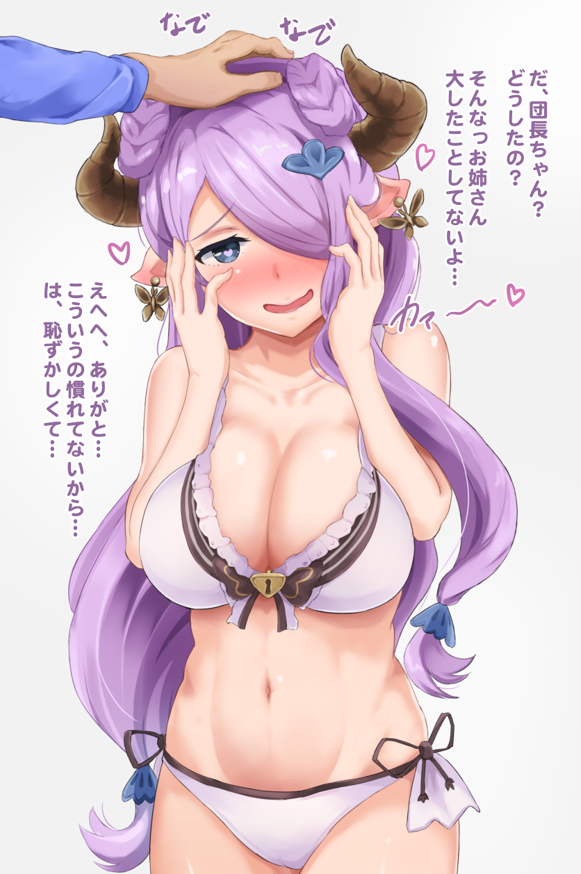 1girl, bikini, blue_eyes, blush, breasts, doraf, double_bun, earrings