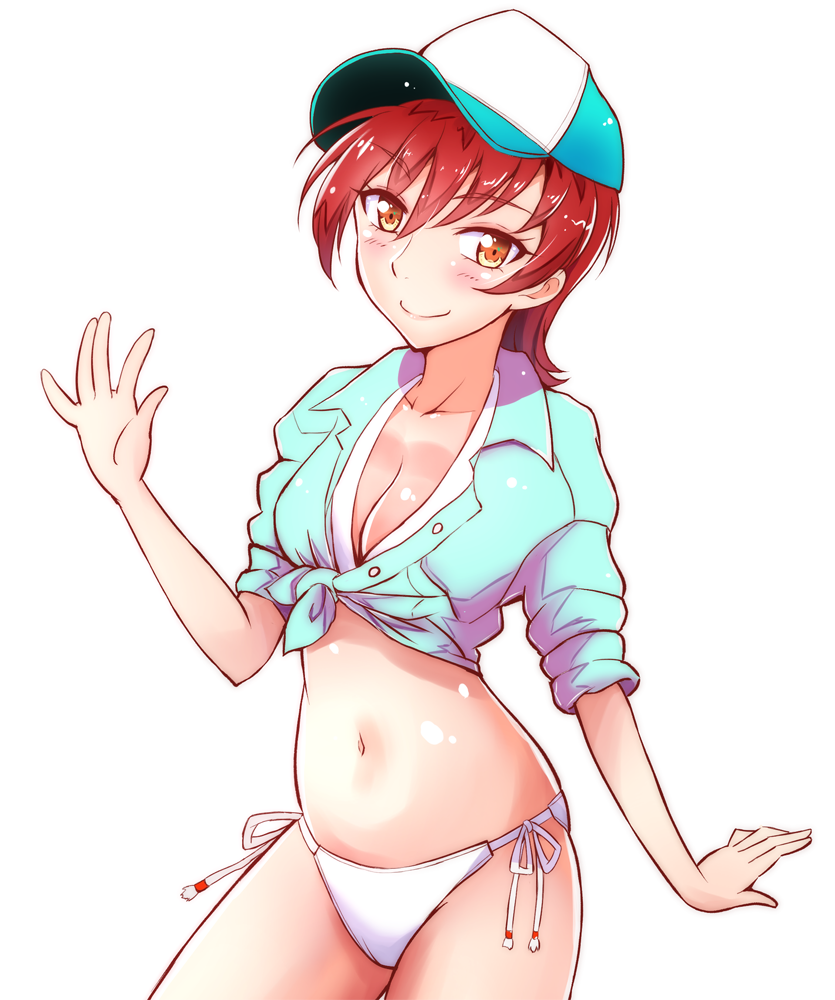 1girl, baseball_cap, bikini, bikini_bottom, bikini_top, blush, breasts, cleavage