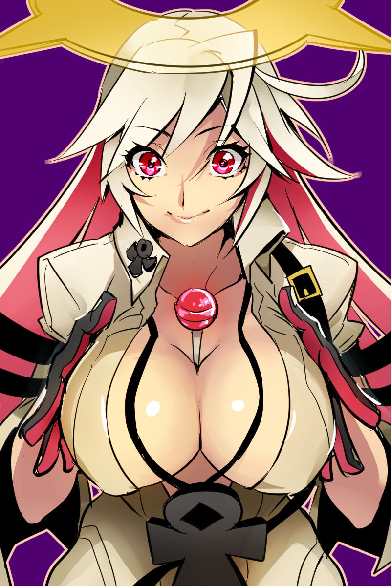 1girl, ahoge, albino, ankh, arm_strap, bangs, between_breasts, black_gloves
