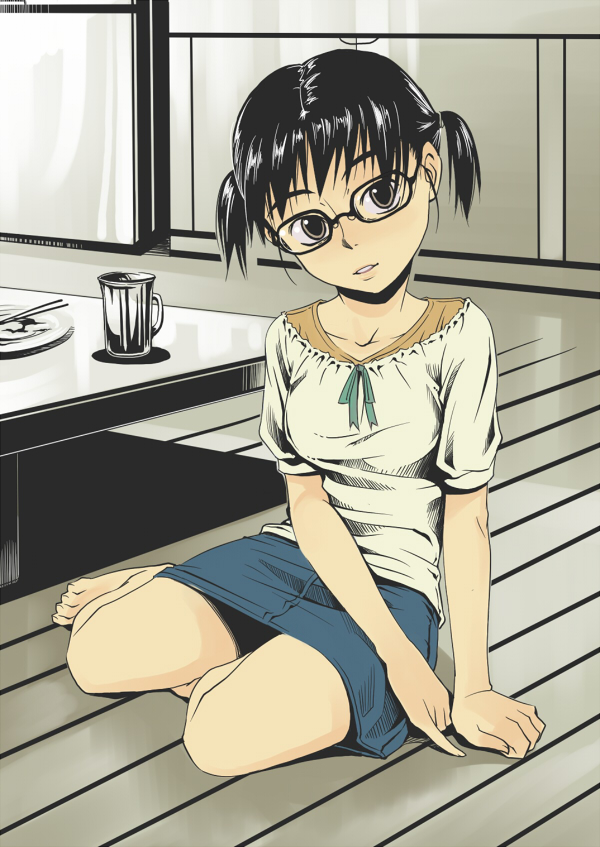 aerodog, black_hair, glasses, inu_(aerodog), inu_(pixiv32426), kneeling, original, pigtails