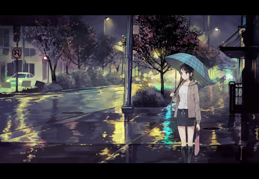1girl, bag, black_hair, blue_eyes, handbag, highres, holding, holding_umbrella