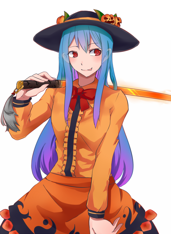 1girl, blue_hair, gradient_hair, hinanawi_tenshi, kuroi_no, long_hair, multicolored_hair, over_shoulder, red_eyes, solo, sword, sword_of_hisou, sword_over_shoulder, tongue, tongue_out, touhou, weapon, weapon_over_shoulder
