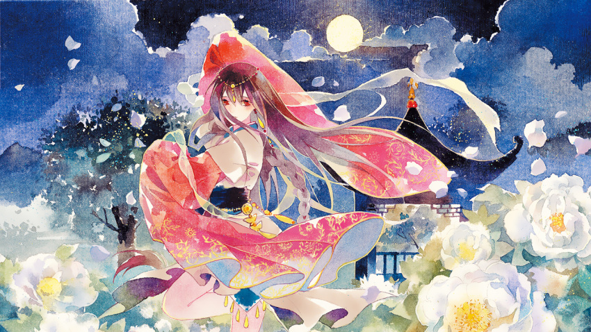1girl, braid, brown_hair, calligraphy_brush_(medium), dress, flower, jewelry, long_hair