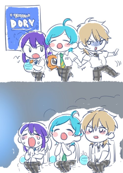 3boys, ahoge, aqua_hair, blonde_hair, closed_eyes, clownfish, crossover, ensemble_stars!