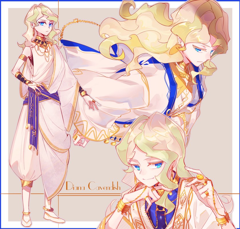 1girl, anklet, arabian_clothes, barefoot, blonde_hair, blue_eyes, bracelet, breasts