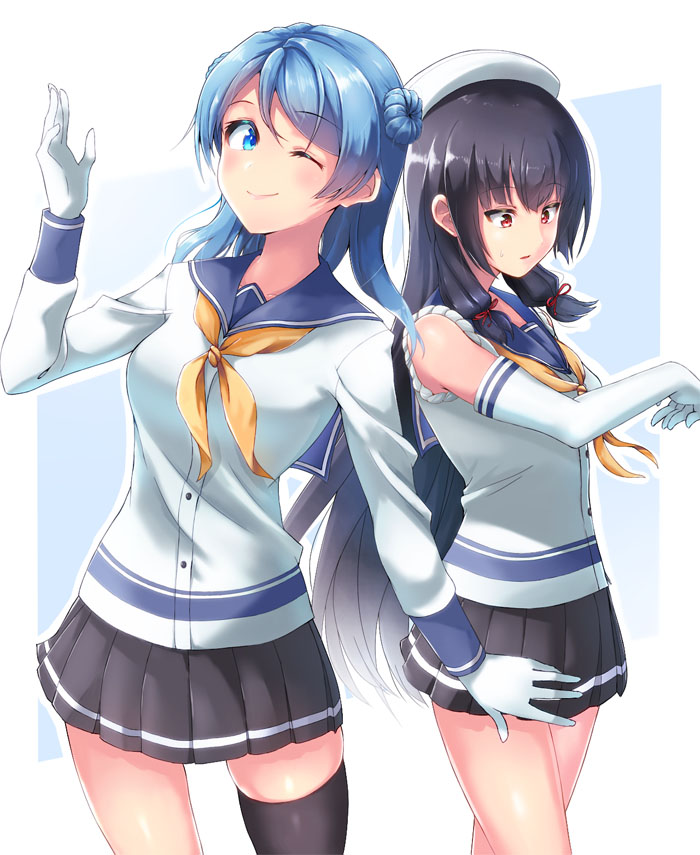 2girls, alternate_costume, asymmetrical_legwear, black_hair, blue_eyes, blue_hair, breasts, cosplay