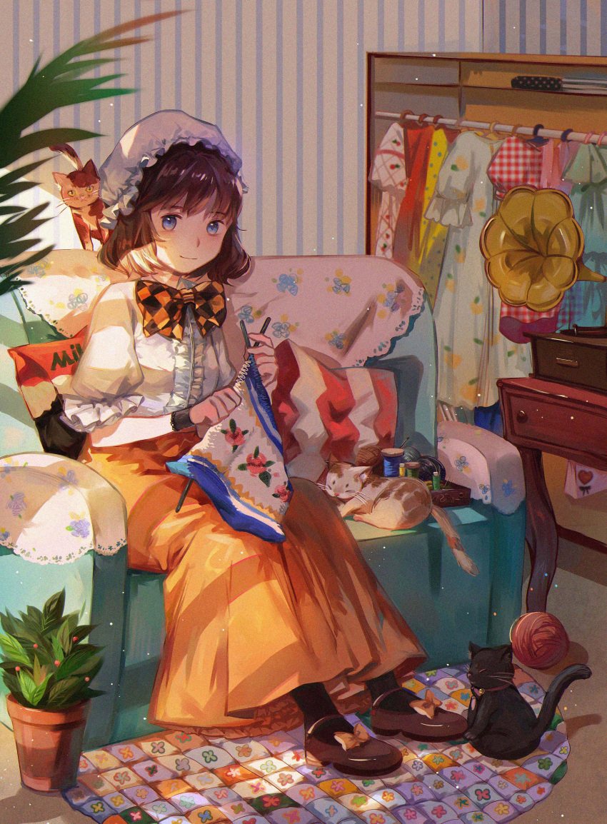 1girl, absurdres, bangs, black_bow, black_cat, black_legwear, black_shoes, blue_eyes