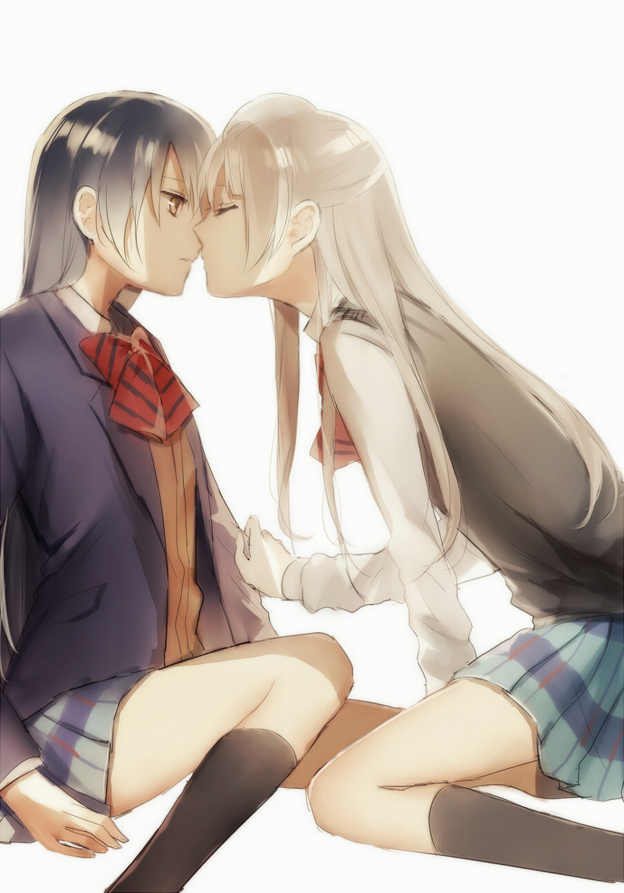 2girls, black_legwear, blazer, blue_hair, bow, bowtie, brown_eyes, brown_hair, closed_eyes, commentary_request, grey_hair, highres, incipient_kiss, jacket, long_hair, long_sleeves, love_live!, love_live!_school_idol_project, minami_kotori, multiple_girls, one_side_up, plaid, plaid_skirt, pleated_skirt, pumpkin-crazy, red_bow, red_bowtie, school_uniform, simple_background, sitting, skirt, sonoda_umi, striped, striped_bow, striped_bowtie, sweater_vest, yuri