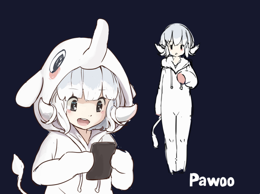 1girl, animal_costume, bangs, black_eyes, blue_background, blush, commentary_request, copyright_name