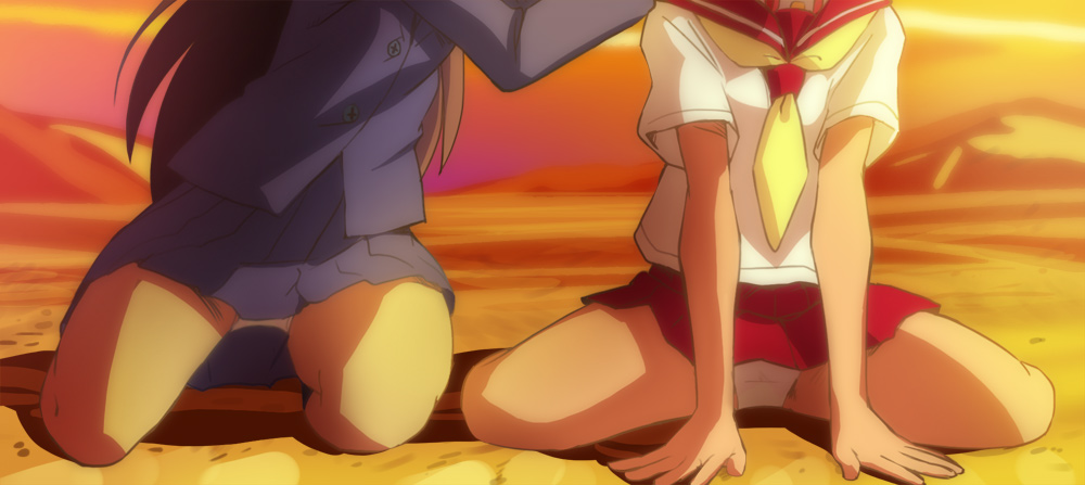 2girls, black_hair, blue_skirt, haruyama_kazunori, head_out_of_frame, heybot!, heybot_(character), kneehighs