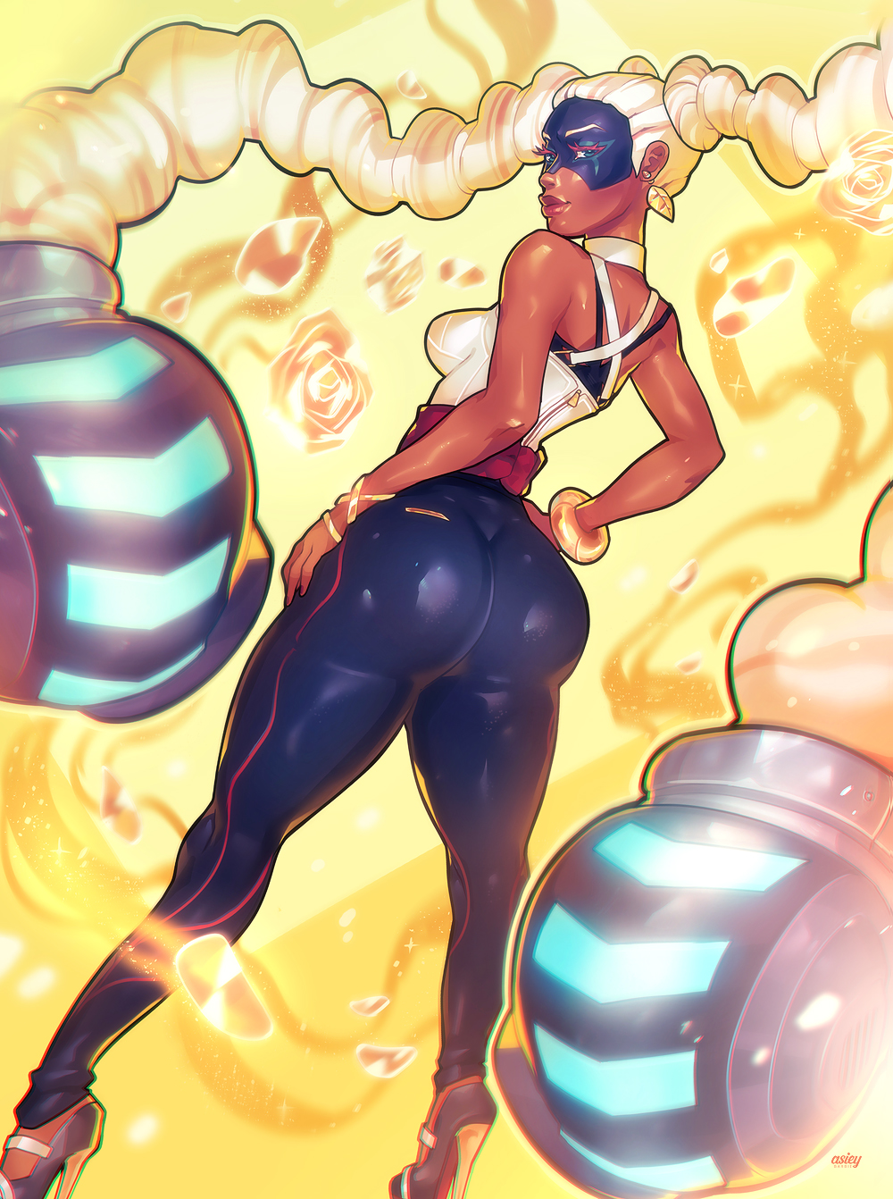 1girl, arms_(game), asieybarbie, ass, bare_shoulders, blonde_hair, bracelet, dark_skin, earrings, green_eyes, high_heels, highres, jewelry, legs, lips, long_hair, nail_polish, skin_tight, solo, thick_thighs, thighs, twintelle_(arms), very_long_hair