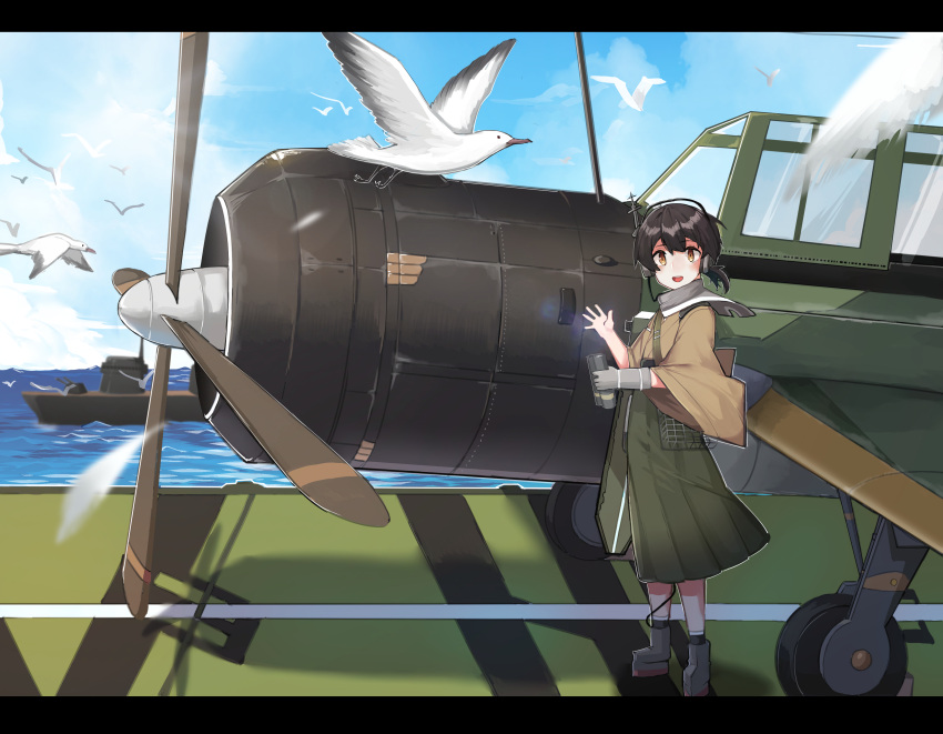 1girl, absurdres, aircraft, airplane, b6n_tenzan, binoculars, bird, boots, brown_eyes, brown_hair, clouds, day, flight_deck, full_body, gloves, hakama, headphones, highres, holding, japanese_clothes, kantai_collection, kasuga_maru_(kantai_collection), military, military_vehicle, ocean, partly_fingerless_gloves, scarf, ship, short_hair, sky, solo, taiyou_(kantai_collection), warship, watercraft, wulazula, yugake