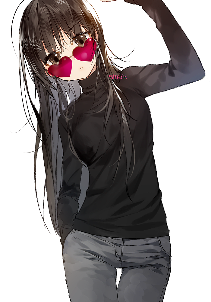 1girl, artist_name, bangs, black_hair, black_sweater, brown_eyes, denim, eyebrows_visible_through_hair