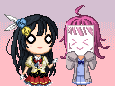 >_<, 2girls, ahoge, bangs, black_hair, blunt_bangs, bow, bowtie, cardigan, chibi, closed_eyes, covering_face, flower, gloves, hair_flower, hair_ornament, long_hair, long_sleeves, love_live!, love_live!_school_idol_festival, lowres, multiple_girls, noeejang, o_o, perfect_dream_project, pink_hair, pixel_art, pleated_skirt, red_skirt, school_uniform, skirt, sleeves_past_wrists, smile, tennouji_rina, white_gloves, yuuki_setsuna_(love_live!)
