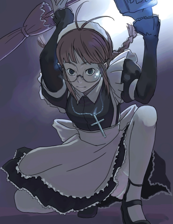 1girl, aerodog, antenna_hair, black_lagoon, braid, broom, brown_hair, cosplay