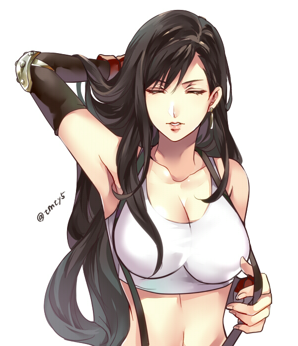 1girl, armpits, artist_name, breasts, brown_hair, cleavage, closed_eyes, commentary_request