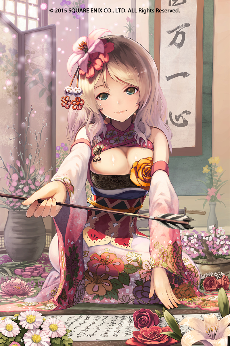 1girl, arrow, blue_eyes, breasts, cleavage, detached_sleeves, floral_print, flower