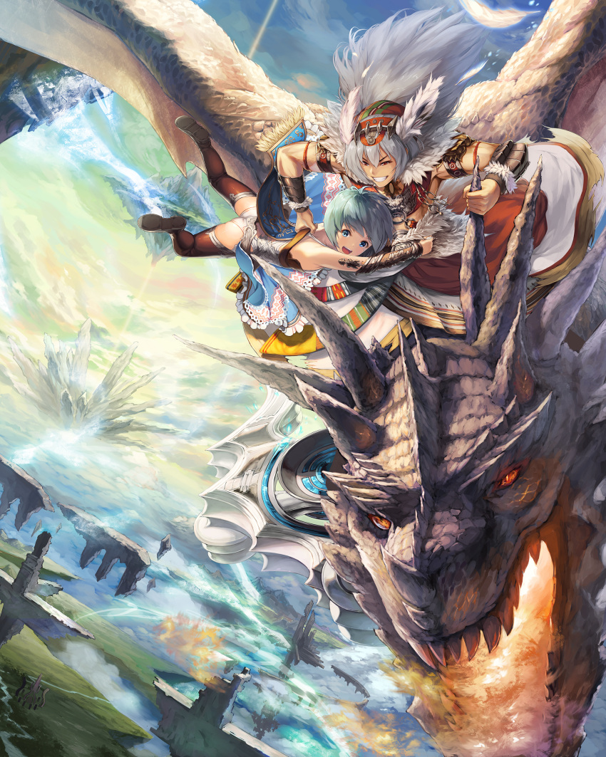 1boy, 1girl, :d, absurdres, blue_dress, blue_eyes, blue_hair, blue_sky