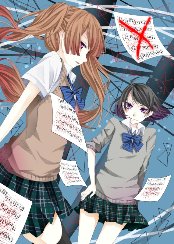 2girls, arisugawa_nino, black_hair, bow, bowtie, brown_hair, commentary_request, face_mask, fukumenkei_noise, gradient_hair, long_twintails, mask, multicolored_hair, multiple_girls, plaid, plaid_skirt, red_eyes, school_uniform, sheet_music, skirt, suguri_miou, sweater, sweater_vest, tomo, translation_request, twintails, violet_eyes