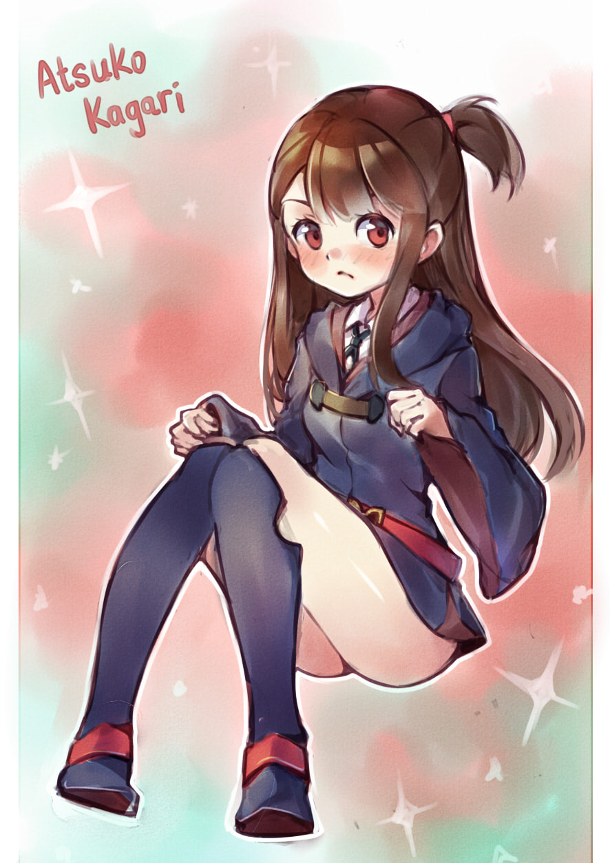 1girl, belt, blush, boots, brown_hair, character_name, dianche_miao_(18826), dress, full_body, highres, kagari_atsuko, little_witch_academia, long_hair, looking_at_viewer, red_eyes, short_dress, solo