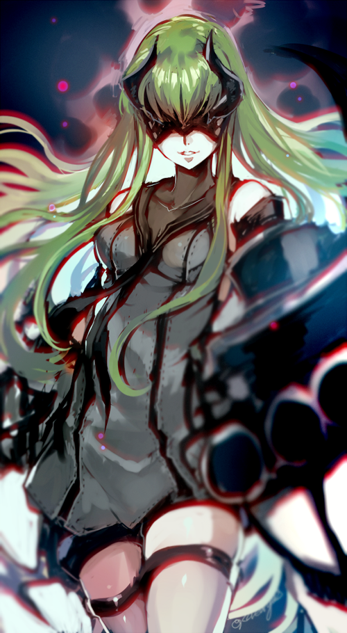 1girl, breasts, c.c., code_geass, commentary_request, cosplay, covered_eyes, creayus, dress, green_hair, grin, horns, kantai_collection, light_cruiser_hime, light_cruiser_hime_(cosplay), long_hair, mask, medium_breasts, sailor_dress, shinkaisei-kan, short_dress, smile, solo, thigh-highs