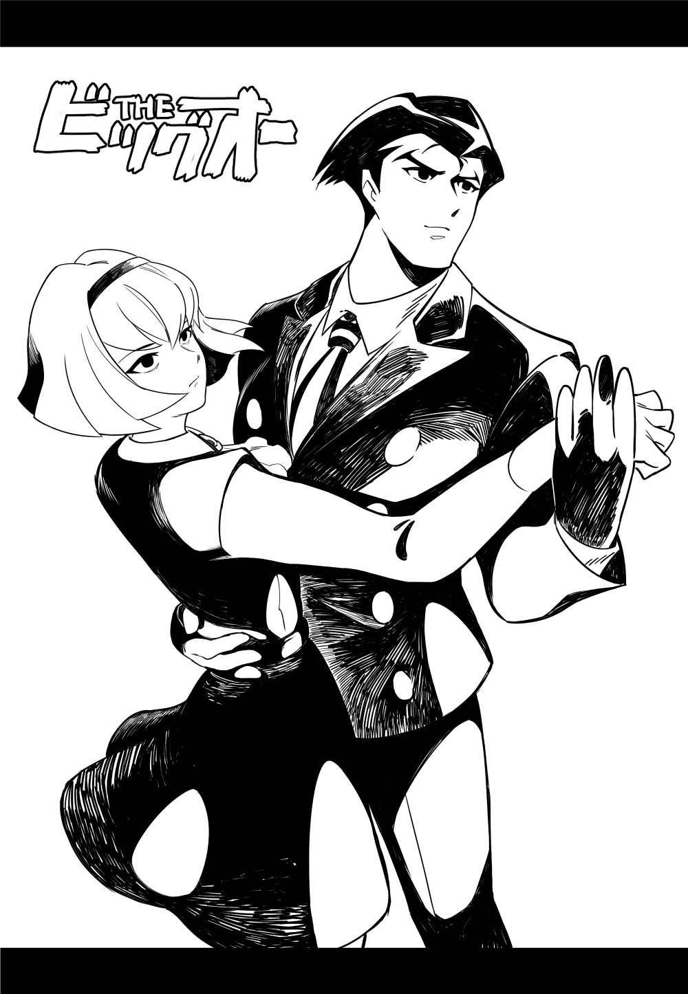 1boy, 1girl, android, black_eyes, black_gloves, black_hair, bob_cut, copyright_name