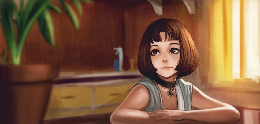 1girl, black_choker, brown_eyes, brown_hair, choker, closed_mouth, crossed_arms, desk, grey_shirt, highres, indoors, jewelry, jungon_kim, leon_the_professional, looking_afar, mathilda, mathilda_lando, pendant, plant, potted_plant, shirt, short_hair, smile, solo, sunlight, window